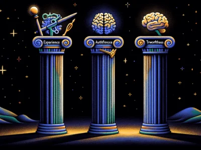 Illustration of the original three E-A-T pillars representing Experience, Authoritativeness, and Trustworthiness