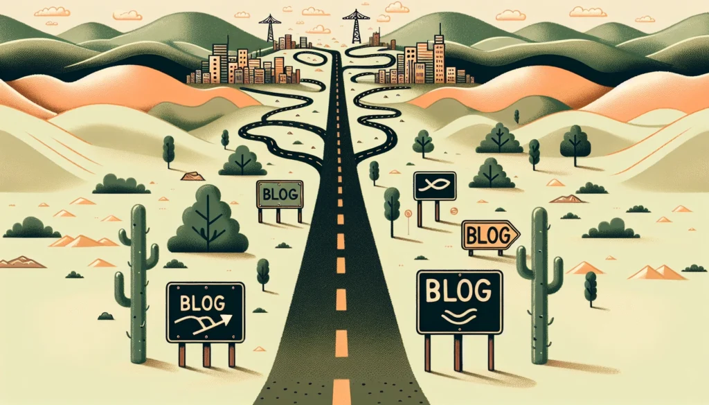 A colorful illustration of the journey of blogging for business increasing traffic signs along the way.