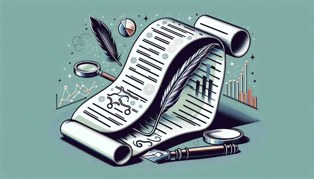 A stylized illustration of a pen crafting a lengthy blog post