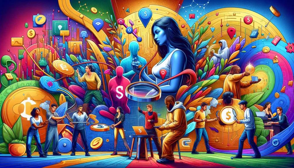 A vibrant illustration of a diverse group of people engaging with various monetization methods, including ads, affiliate marketing, and sponsored content. The image represents the monetization and revenue strategies in blogging.