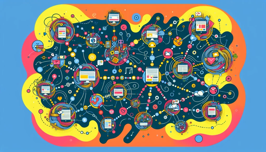 A vibrant illustration of various social media platforms interconnected with blog posts and content, emphasizing why blog is important for business