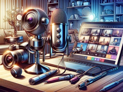 An illustration of essential tools for hosting webinars, including audio and video equipment.