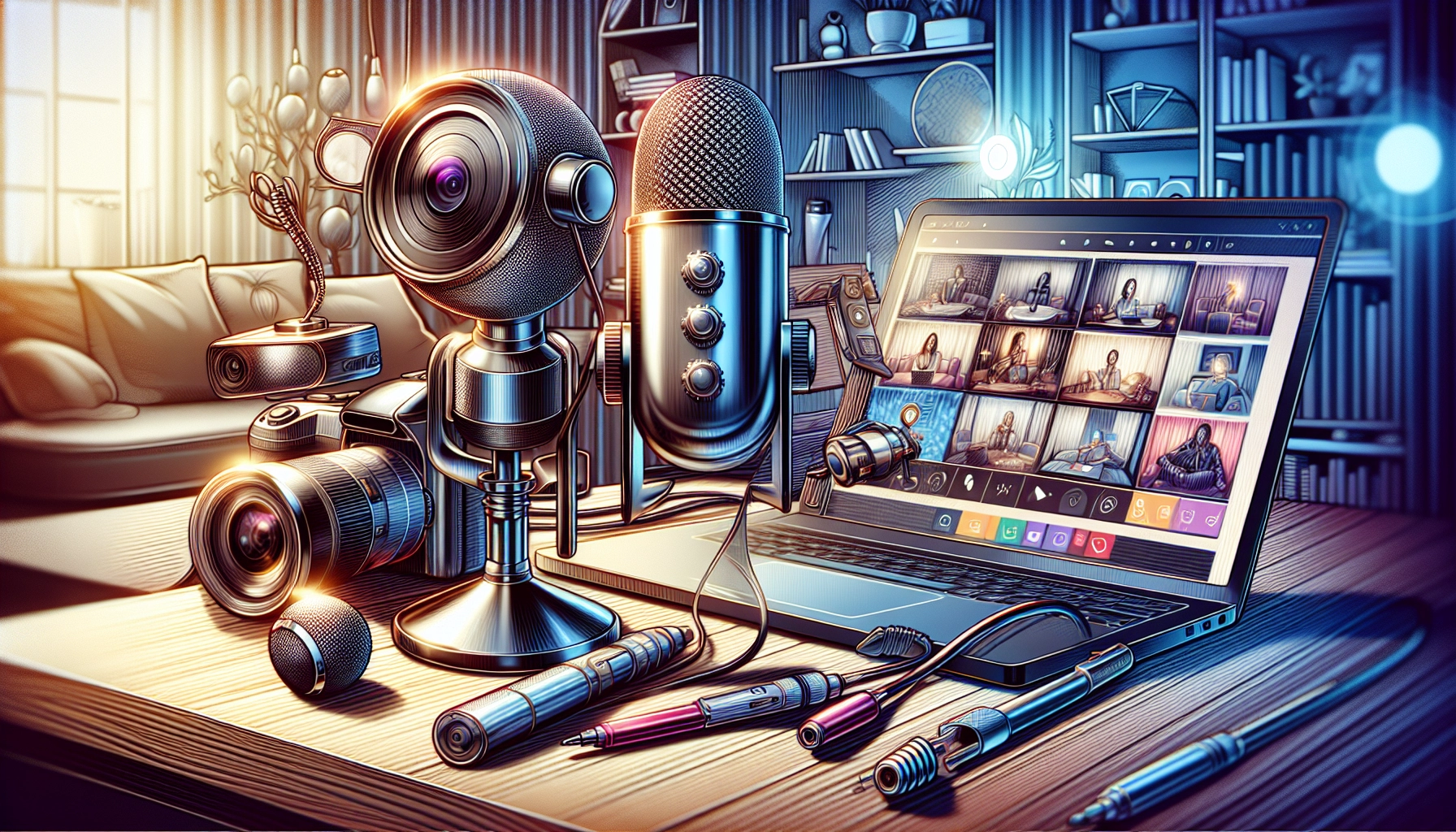 An illustration of essential tools for hosting webinars, including audio and video equipment.