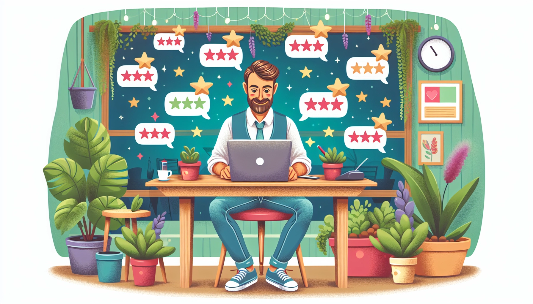 An illustration of a person managing online reviews for local SEO