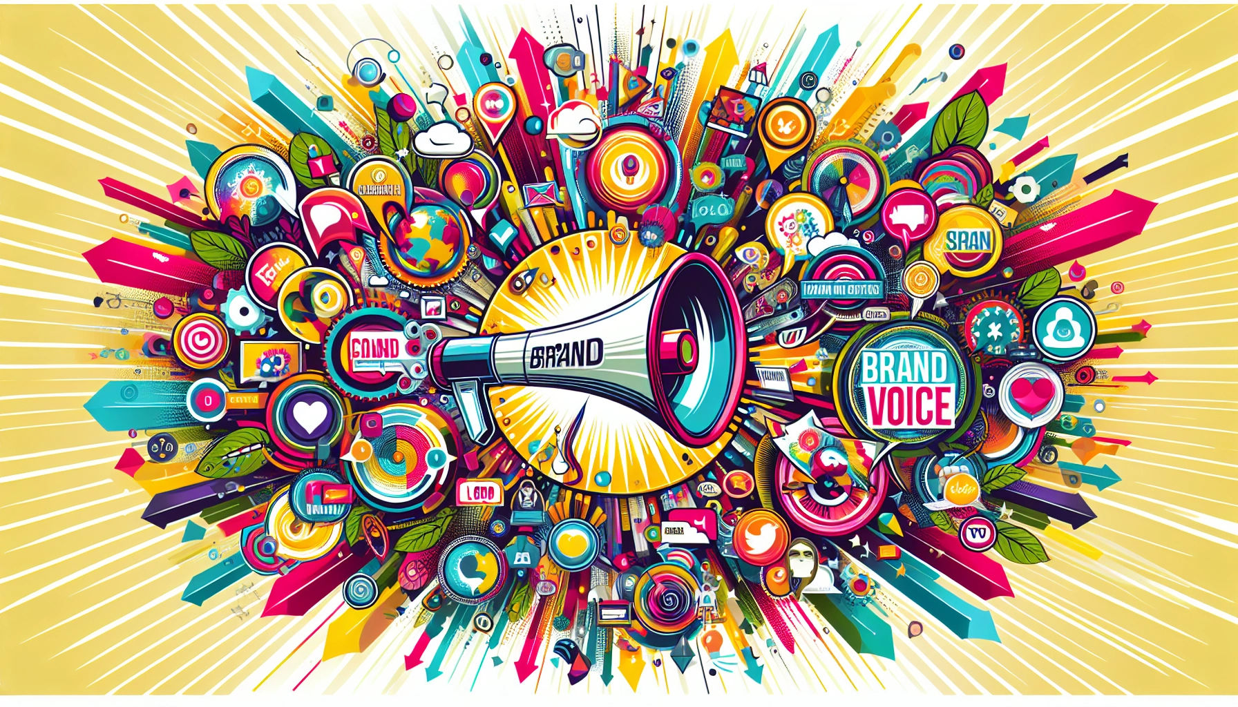 An illustration showing key components of brand marketing such as brand voice and visual elements